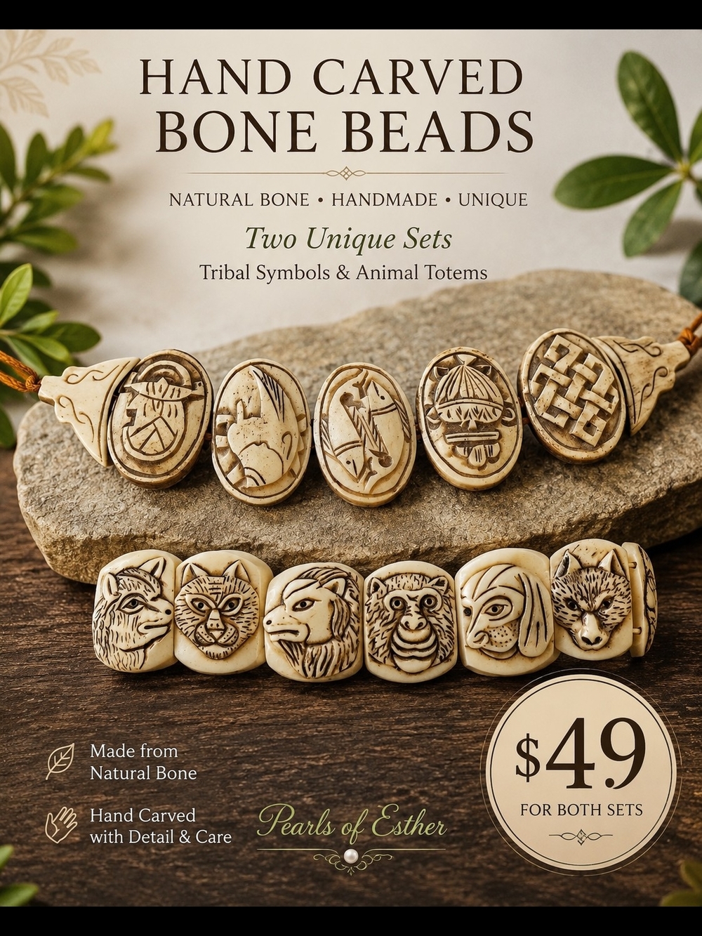 Hand Carved Natural Bone Bead Bracelet - Cream